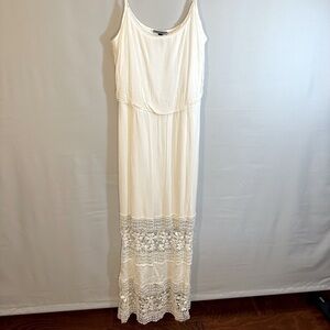 Allison Brittney White Tiered Crochet Lace Trim Spaghetti Straps Boho Maxi Dress